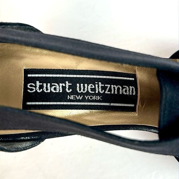 NWOB STUART WEITZMAN Black Satin Pumps Heels Lace Up Pointed Toe size 8 Narrow - Picture 10 of 12